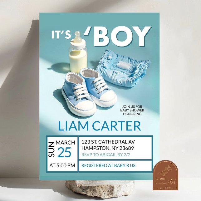 Convite Tênis Pastel Blue It's A Boy Baby Shower (Criador carregado)