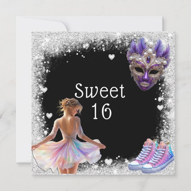 Convite Tênis Sweet 16 Brilho Prata Mardi Gras (Frente)