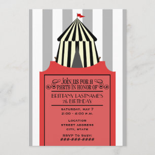 Convite Tensão de circo preto e branco com aniversário d