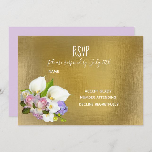 Convite Teoria floral e dourada da RSVP de Casamento (Frente/Verso)