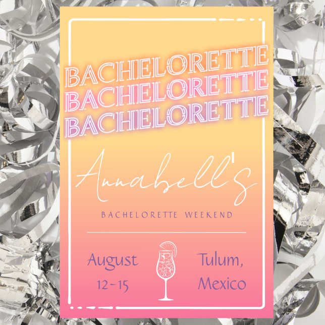 Convite Tequila Sunrise Bachelorette Weekend Itinerário (tequila sunrise cocktail themed bachelorette party weekend invitation and itinerary Tulum Mexico )