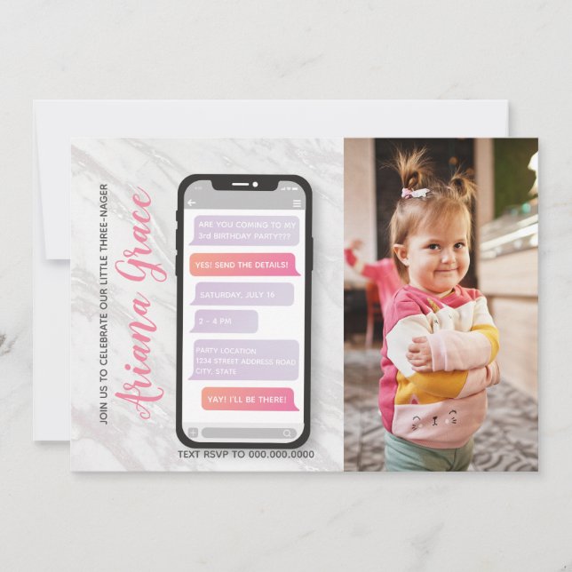 Convite Terceiro Aniversário da Rapariga de 3 anos (Frente)