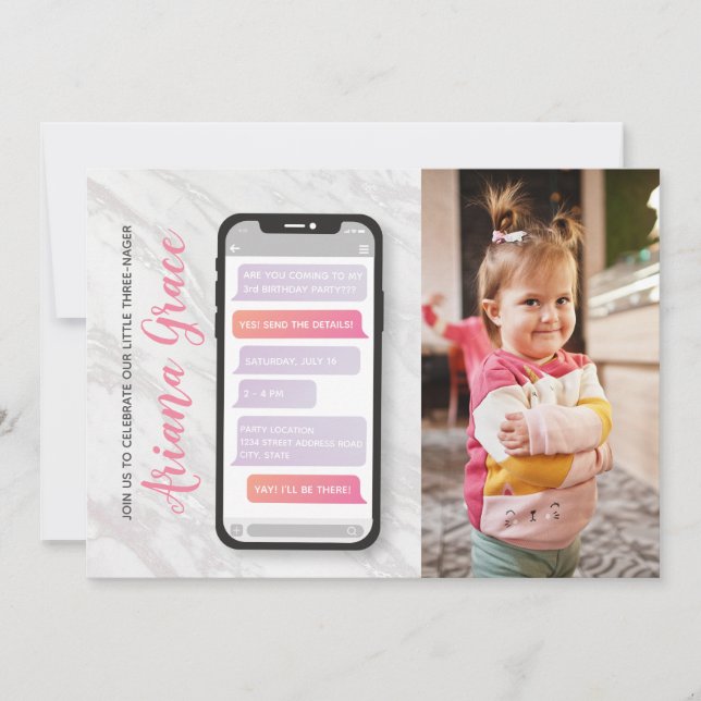 Convite Terceiro Aniversário da Rapariga de 3 anos (Frente)