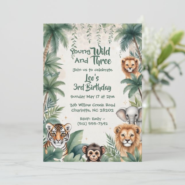 Convite Terceiro Aniversário de Menino com Animais do Safa (Em pé/Frente)