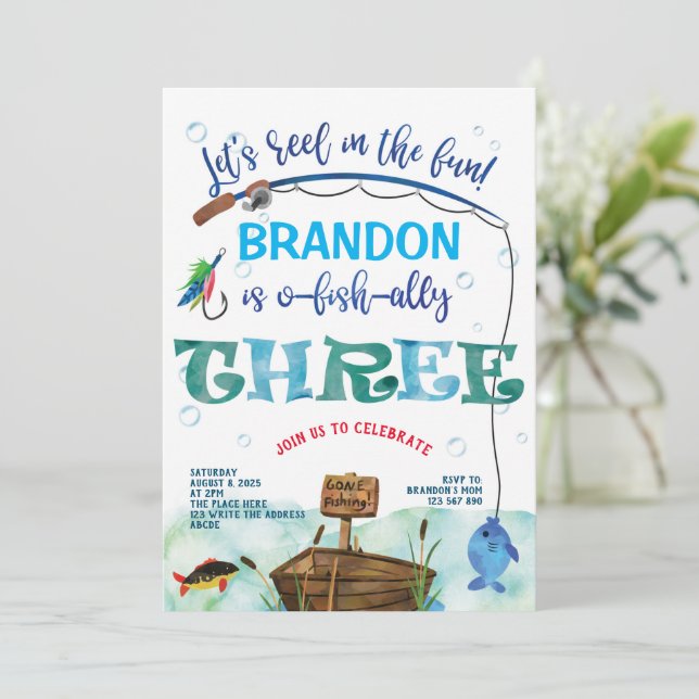 Convite Terceiro aniversário, foi pescar, o peixe-demais (Em pé/Frente)