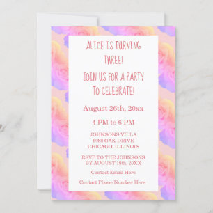 Convite Terceiro Aniversário - Rosa Floral de Ombre Rosa-C