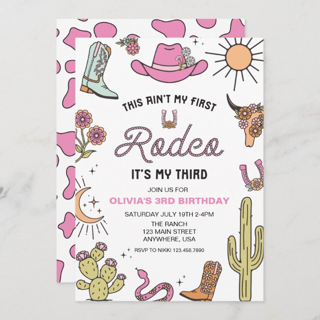 Convite Terceiro Rodeo Rosa aniversário de 3 anos Ocidenta (Frente/Verso)