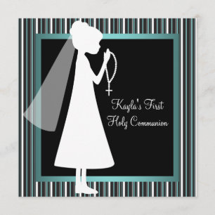 Convite Terço Azul Turquesa Preto Branco Meninas Primeira 