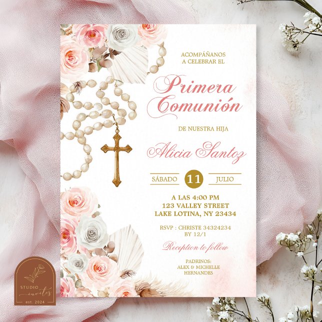 Convite Terço Floral Boho Rosa Primeira Comunhão (Criador carregado)