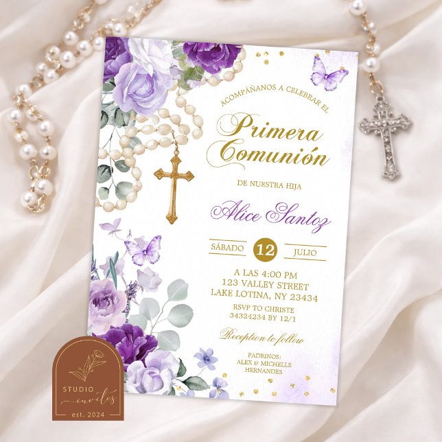 Convite Terço Floral Roxo Católica Primeira Comunhão (Criador carregado)