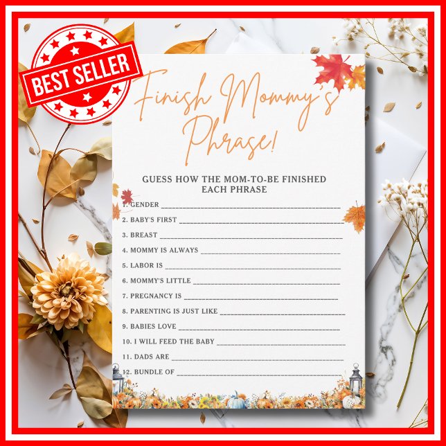 Convite TERMINAR A FRASE DA MAMÃE Jogo para Chá de Bebê AB (FINISH MOMMY'S PHRASE Easy Baby Shower Game A Little Pumpkin is on the Way Fall Autumn Theme)