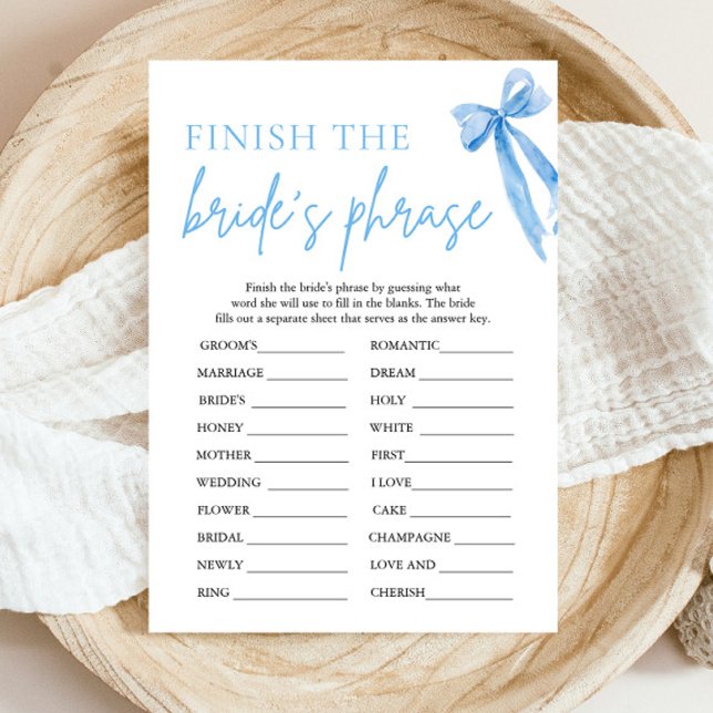 Convite Termine a Frase da Noiva Jogo de Chá de Noiva com  (Modern Watercolor Dusty Blue Bow Finish the Bride's Phrase Bridal Shower Game)