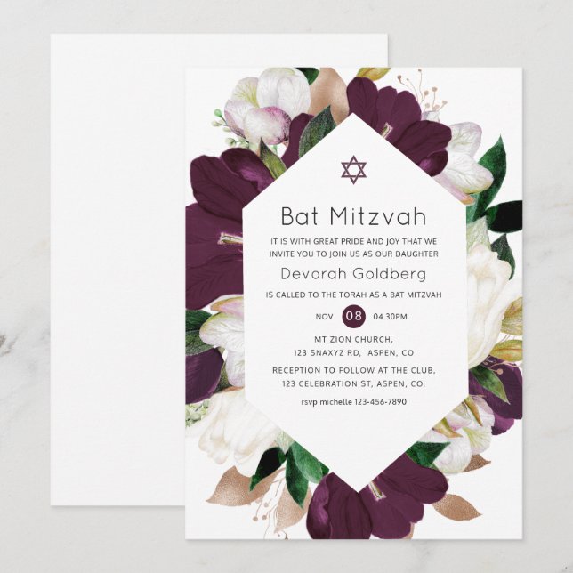 Convite Término Bat Mitzvah de Veludo Roxo Escuro e Floral (Frente/Verso)