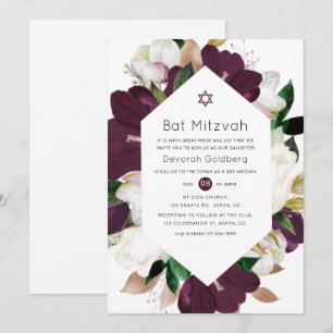 Convite Término Bat Mitzvah de Veludo Roxo Escuro e Floral