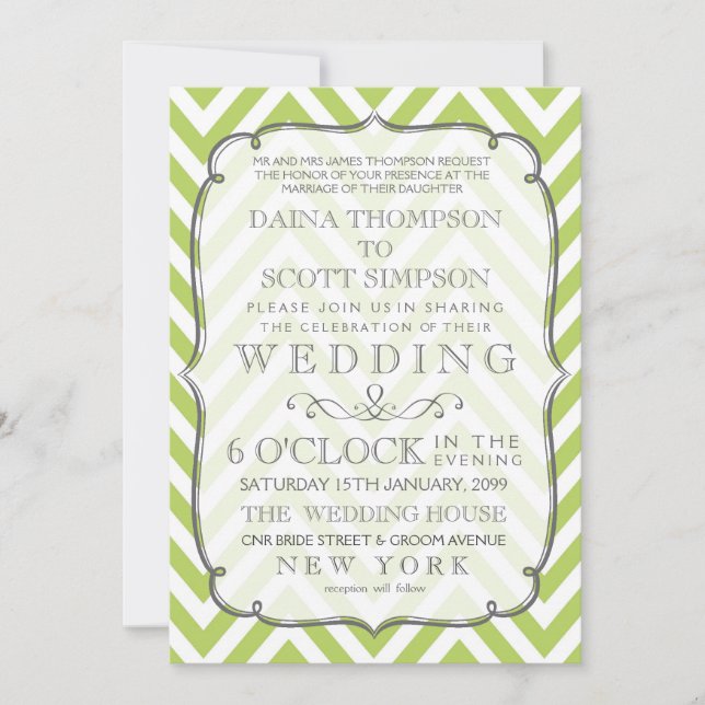 Convite Ternos Broto Lime Verde Listras Chevron Casamento (Frente)