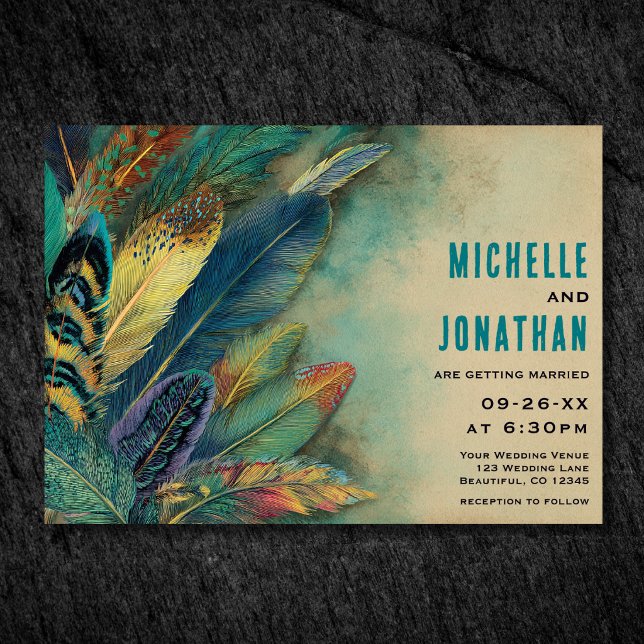 Convite Terra Boho Penas | Turquesa Verde Esmeralda Casame (Earthy Boho Feathers  Turquoise Teal Wedding Invitation Front)