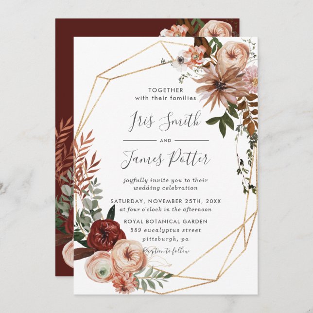 Convite Terra Burgundy Blush Orange Greenery Casamento out (Frente/Verso)
