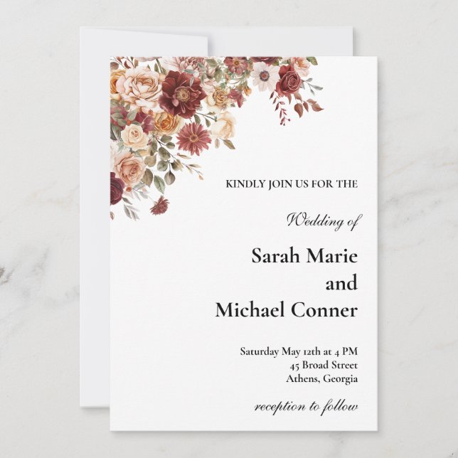 Convite Terra Cotta and Green Floral Wedding Invitation (Frente)