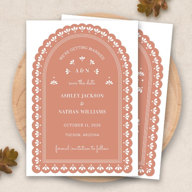 Convite Terra Cotta Arch Autumn Salvar A Data (Terra Cotta Arch Autumn Save The Date by Fiesta Valley Print)
