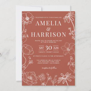 Convite Terra Cotta Burnt Orange Floral Art Casamento