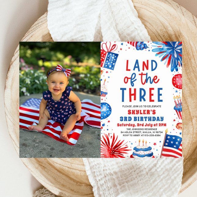 Convite Terra da aniversário de 3 anos de 3 de julho (Watercolor Fireworks Patriotic 4th of July Land of the Three 3rd Birthday Invitation)