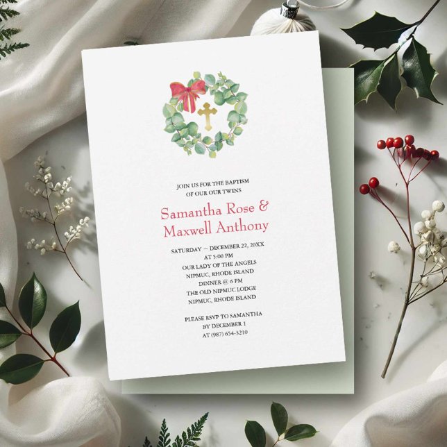 Convite Terra das Aquarelas e Dourado batismo cruzado (Christmas wedding invitations watercolor eucalyptus wreath by Victoria Grigaliunas of VG Invites)