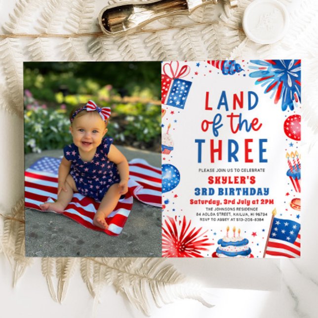 Convite Terra do aniversário de 3 anos Patriótico de Três  (Watercolor Fireworks Patriotic 4th of July Land of the Three 3rd Birthday Invitation)