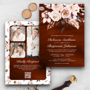 Convite Terra Ivory Floral Código QR Terracota Casamento