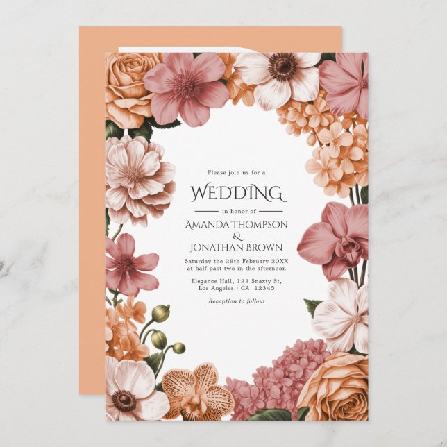 Convite Terra Peach, Clay Rose & Soft Blush Buff Wedding (Frente/Verso)