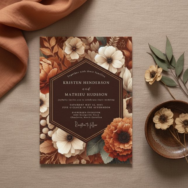Convite Terra Siena Floral Casamento (Criador carregado)