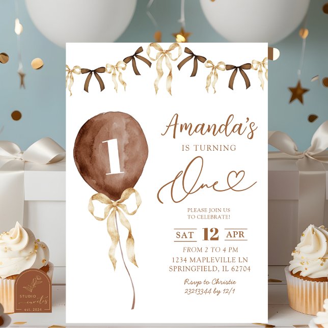 Convite Terra Tone Boho Coquette Ribbon Primeiro Aniversár (Criador carregado)