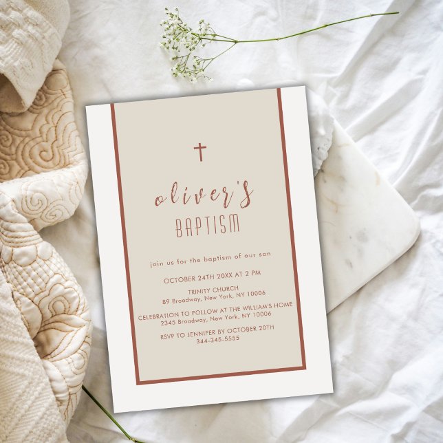 Convite Terra Tone Modern Cross Christening Boy Baptism (Earth Tone Modern Cross Christening Boy Baptism Invitation)