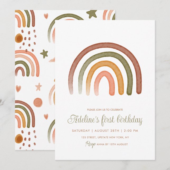 Convite Terra Tone Watercolor Rainbow Boho Aniversário (Frente/Verso)