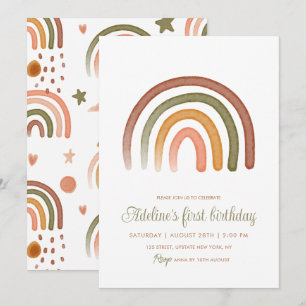 Convite Terra Tone Watercolor Rainbow Boho Aniversário