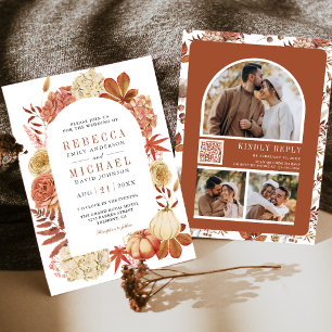 Convite Terracota Abóbora Floral Código QR Casamento