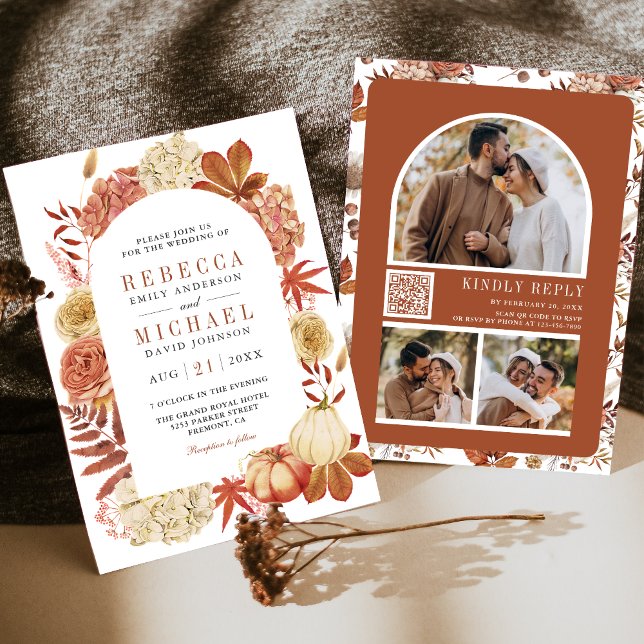 Convite Terracota Abóbora Floral Código QR Casamento (Criador carregado)