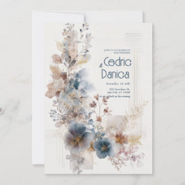 Convite Terracota Azul Floral Dourado Aquarela Casamento