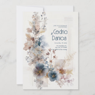 Convite Terracota Azul Floral Dourado Aquarela Casamento