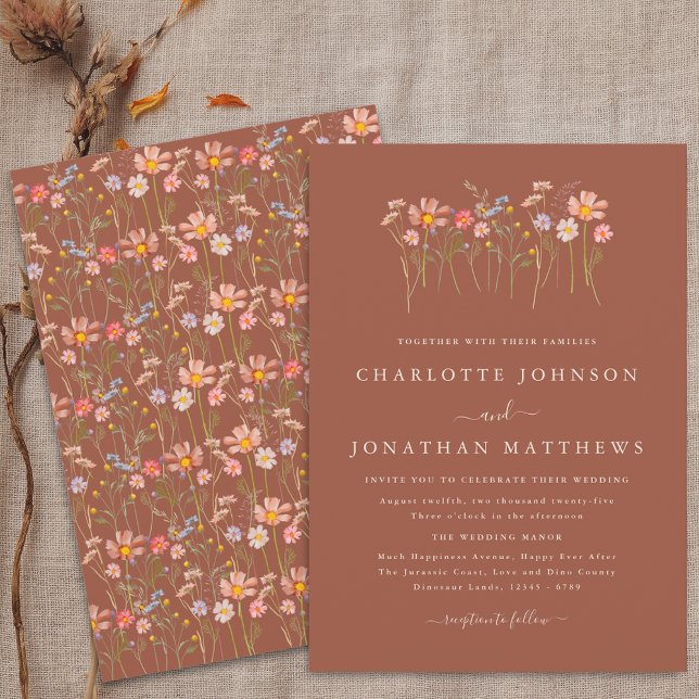 Convite Terracota Bege Laranja Flores Silvestres de Outono (Boho fall Wildflower floral beige terracotta Wedding invitation Watercolor garden meadow flowers )