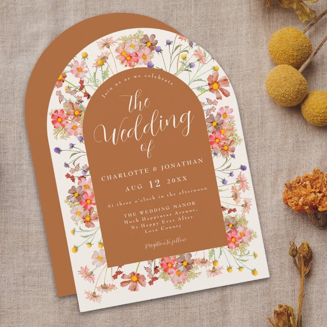 Convite Terracota Casamento Floral (Boho fall floral wildflower arch elegant script terracotta burnt orange wedding invitation )