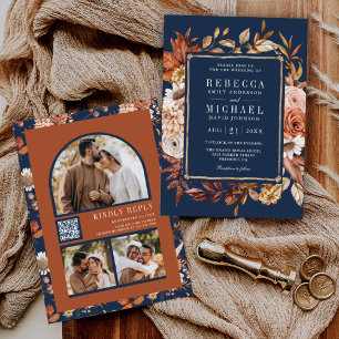 Convite Terracota Código QR de Foto Floral Azul Marinho Ca