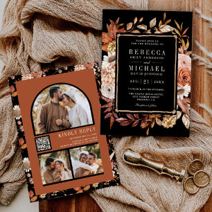 Convite Terracota Código QR de Foto Floral Preto Casamento
