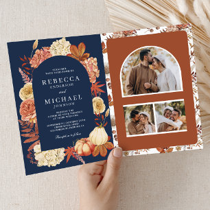 Convite Terracota Código QR Floral de Abóbora Casamento Az