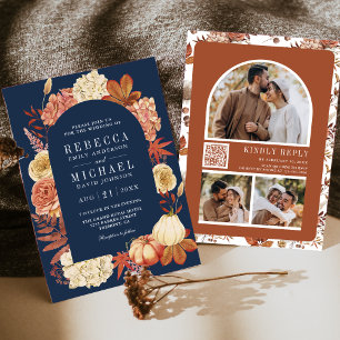 Convite Terracota Código QR Floral de Abóbora Casamento Az
