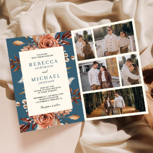 Convite Terracota Creme Código QR Floral Casamento Azul Em