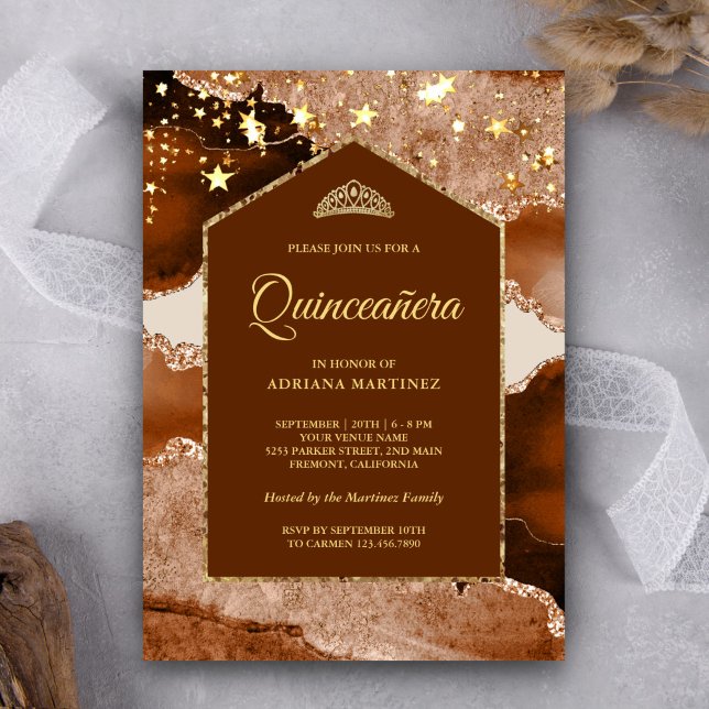 Convite Terracota Dourado Ágata Mármore Arco Quinceanera (Criador carregado)