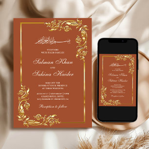 Convite Terracota Dourado Fronteira Floral Casamento Islâm