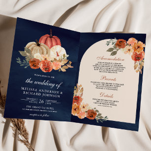 Convite Terracota Floral Abóbora Código QR Casamento Azul 