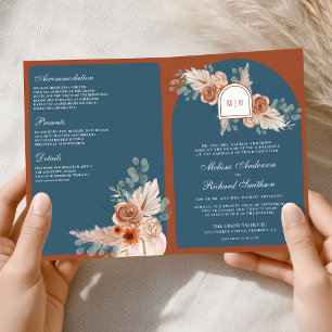Convite Terracota Floral Azul Poeirento Código QR Casament
