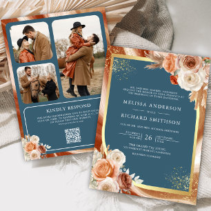 Convite Terracota Floral Azul Poeirento Código QR Foto Cas